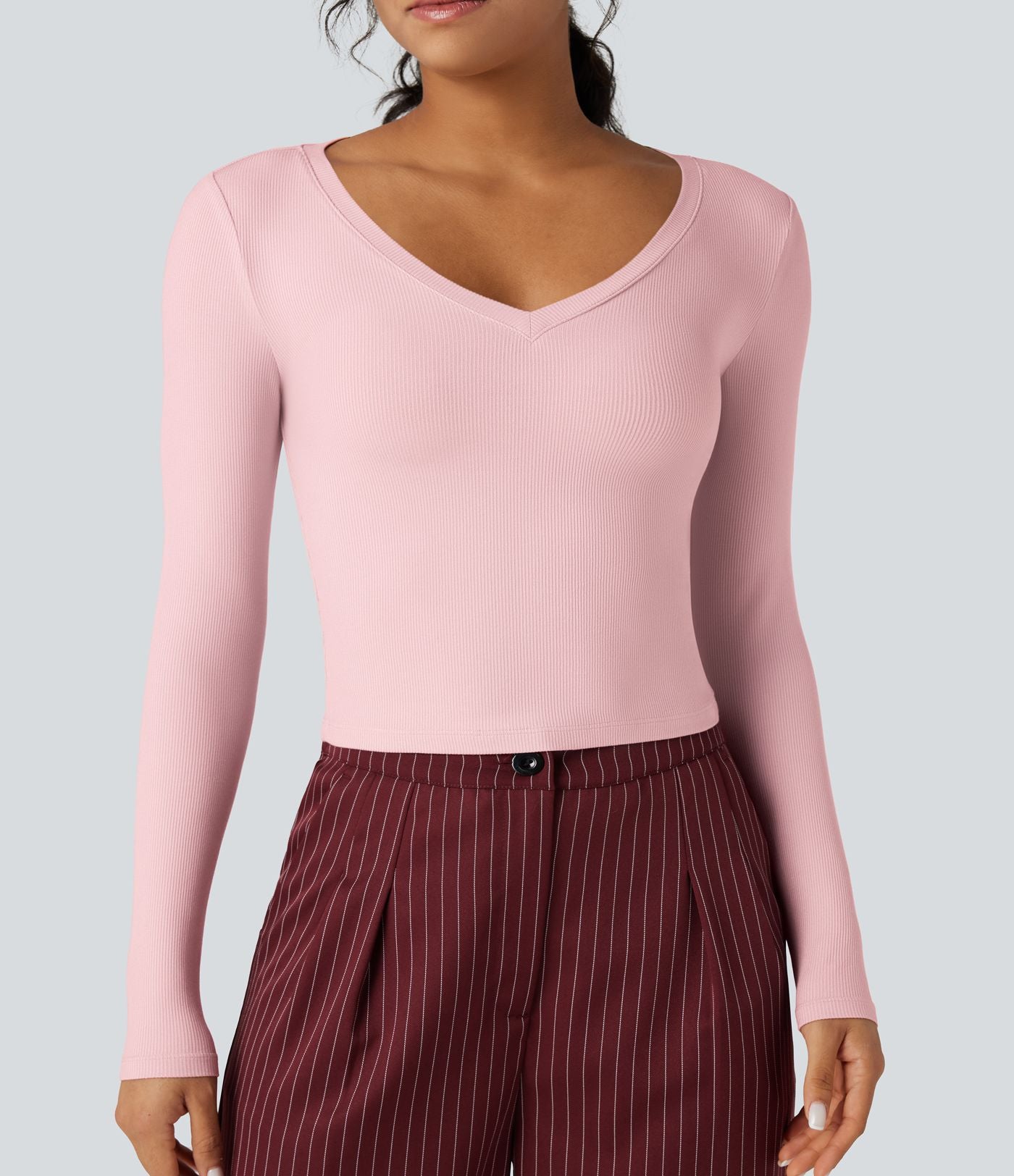 T-shirt tailleur côtelé court col V manches longues