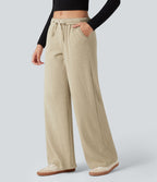 Pantalon large côtelé taille basse pliable avec cordon de serrage et poches