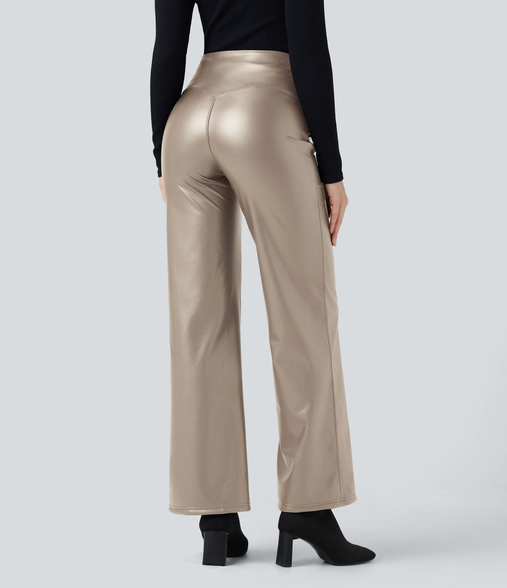 Pantalon similicuir évasé gainant taille haute stretch avec poches