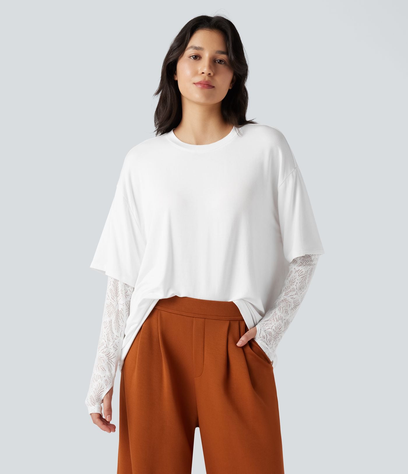 Top 2-en-1 dentelle contrastante col rond manches longues avec trous pouces