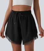 Short de yoga 2-en-1 fluide maille contrastante taille mi-haute 17,5 cm avec cordon de serrage