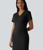 Robe midi décontractée à manches courtes et col en V en maille sculptante