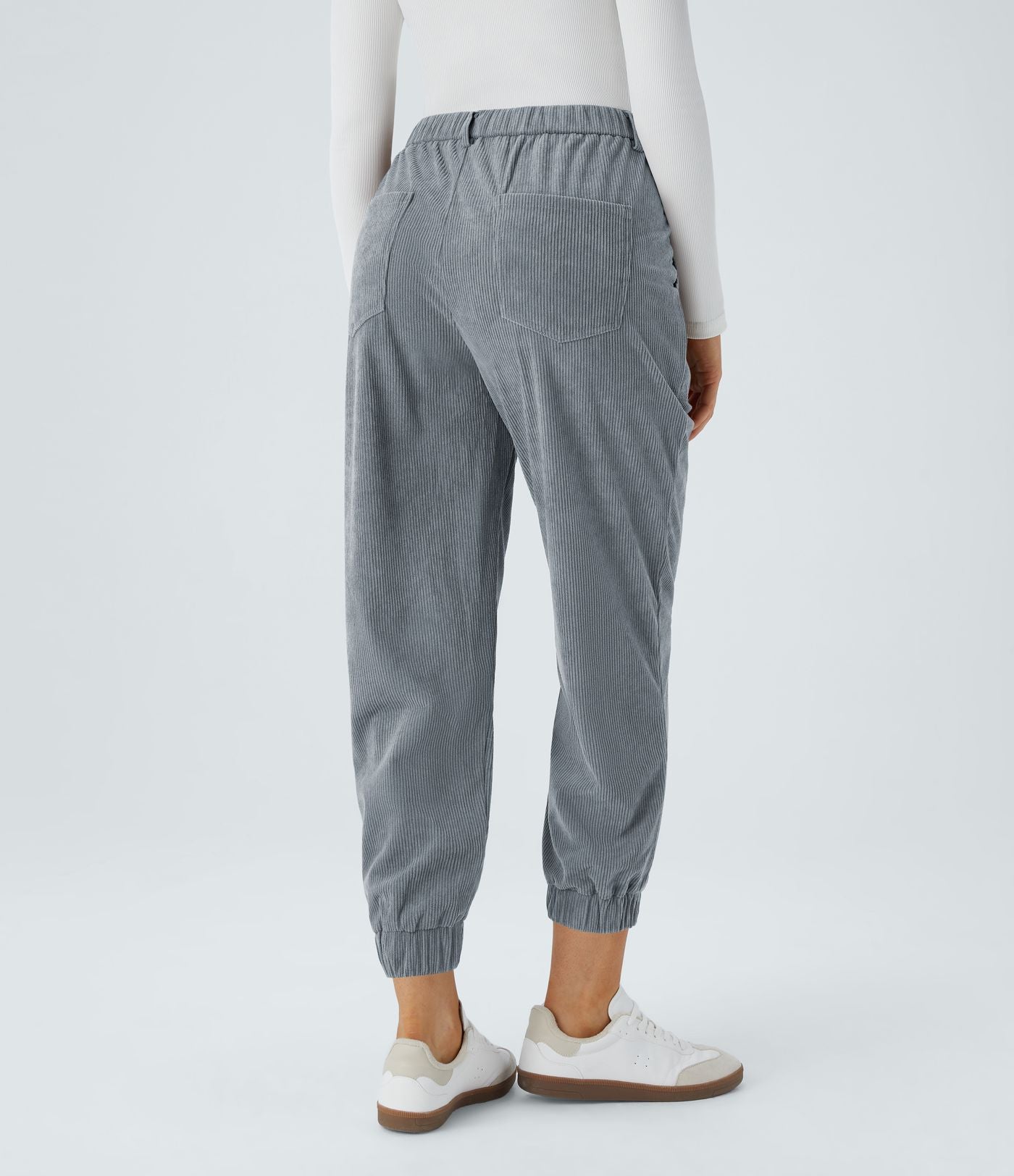 Pantalon décontracté en velours côtelé avec taille mi-haute, boutons et fermeture éclair