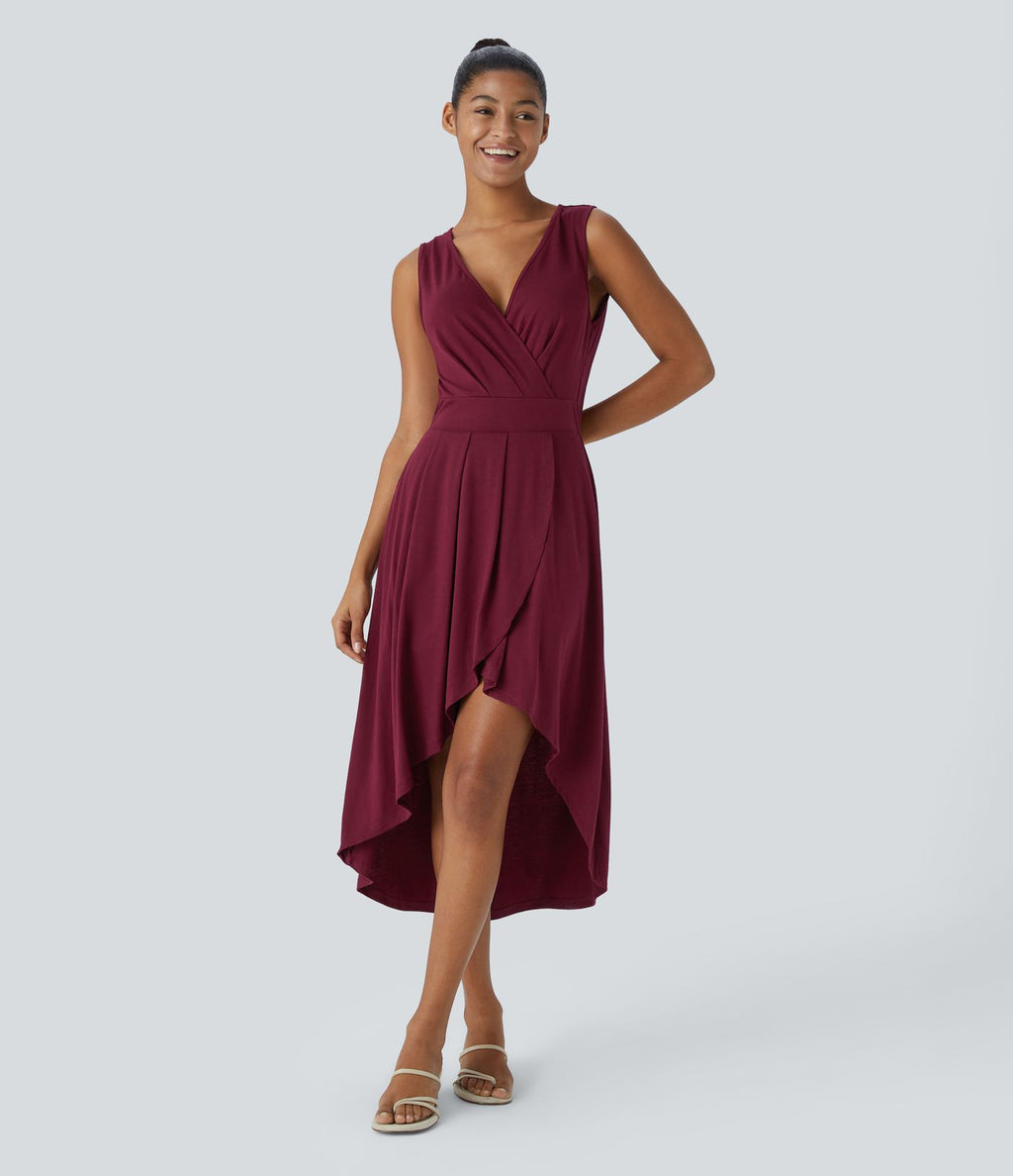 Robe Mi-Longue Plissée Décolleté Plongeant Sans Manches Haut Bas Ourlet Croisé