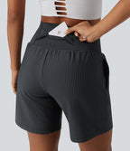 Short yoga 2-en-1 à rayures taille super haute 17,5 cm avec poches