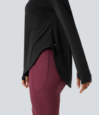 Top de sport yoga une épaule séchage rapide ourlet arrondi asymétrique manches longues avec trous pouces - Brassière intégrée