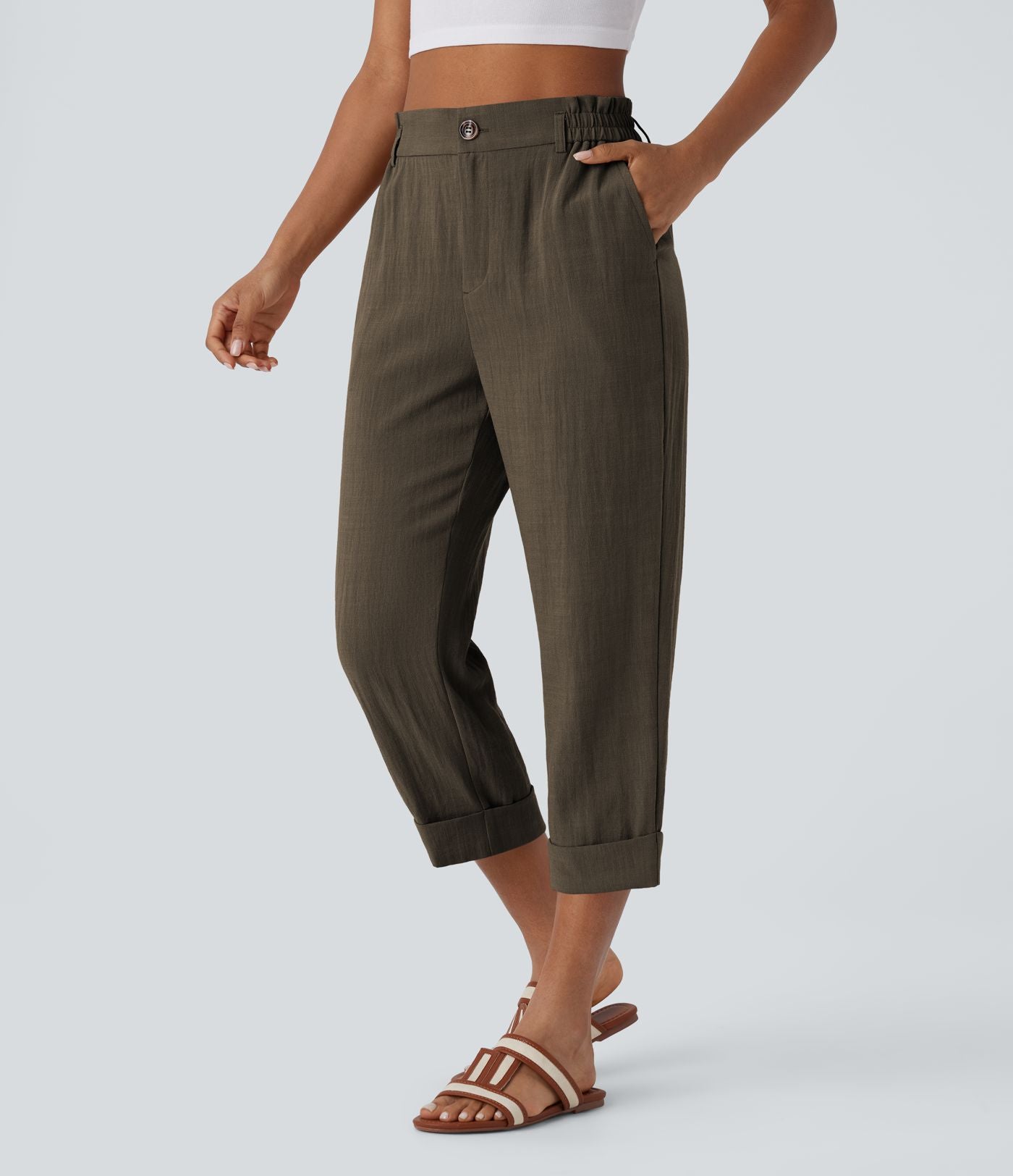 Pantalon capri effet lin taille haute avec poches zippées