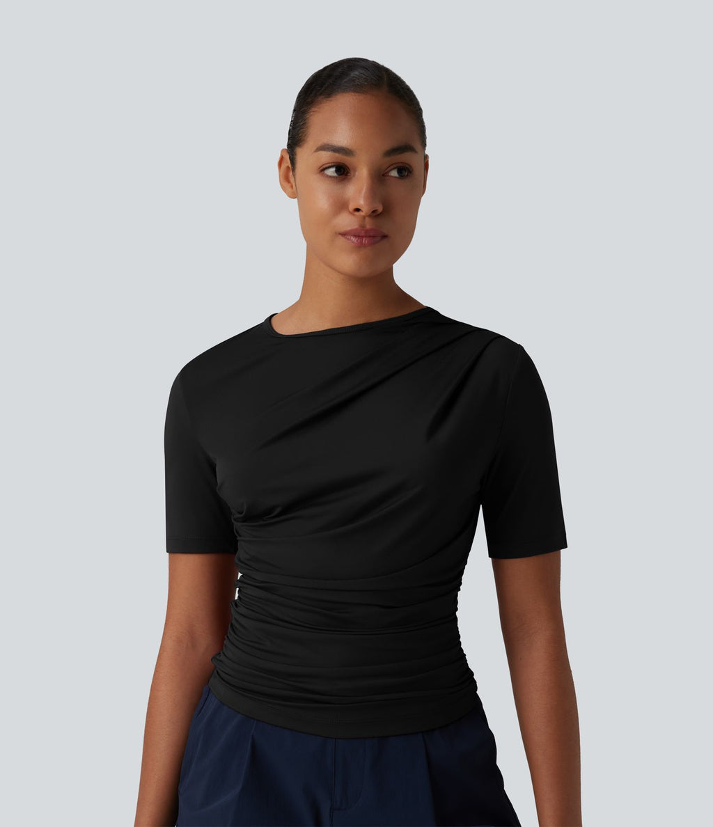 T-shirt décontracté asymétrique manches courtes froncé