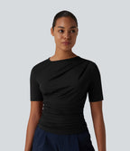 T-shirt décontracté asymétrique manches courtes froncé