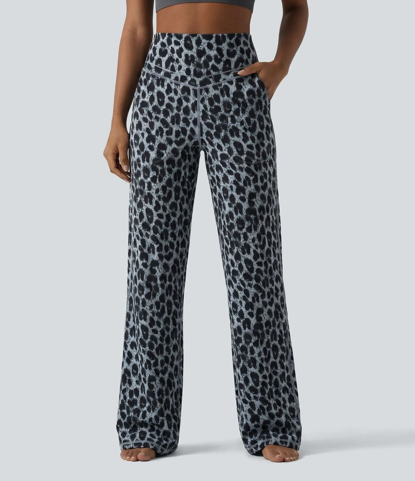 Pantalon de yoga jambes droites taille haute gainant imprimé léopard Halara UltraSculpt™ avec poches