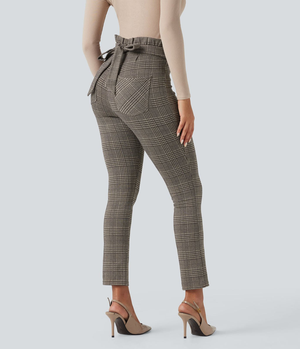 Pantalon tailleur skinny Halara Flex™ paper bag pied-de-poule carreaux taille haute à nœud avec poches