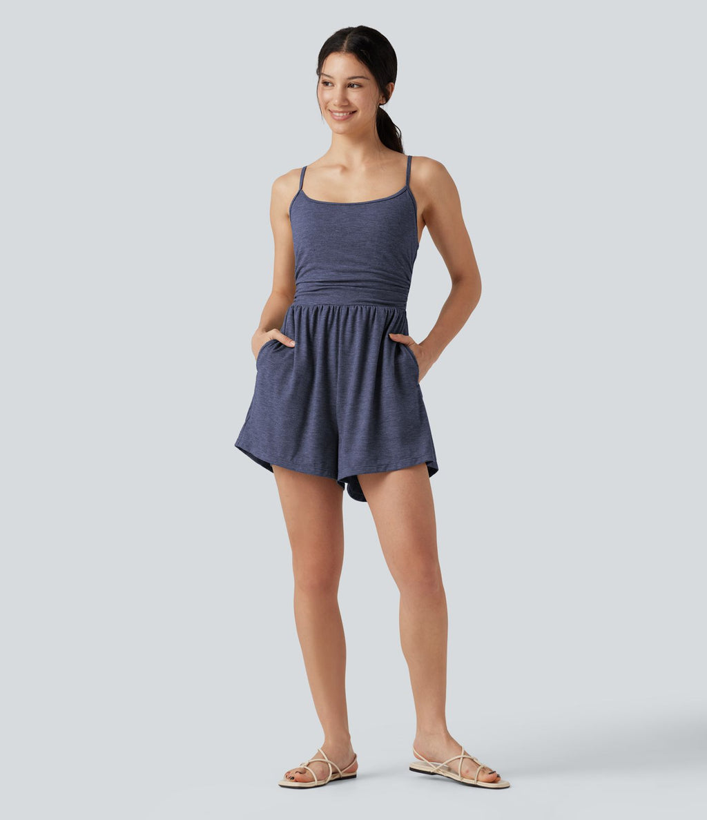 Combi-short casual 2-en-1 chiné froncé avec brassière intégrée et poches — Édition Easy Peasy