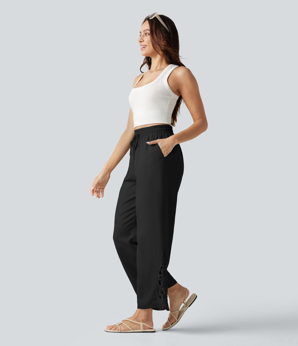 Pantalon large fluide décontracté taille haute à cordon de serrage en lyocell mélangé lin avec poches