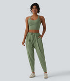 Pantalon sarouel décontracté chiné taille haute avec cordon de serrage et poches