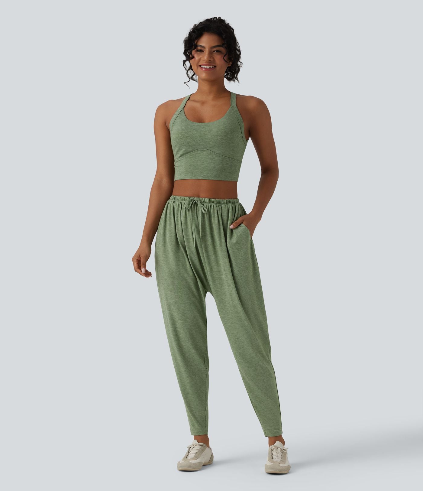 Pantalon sarouel décontracté chiné taille haute avec cordon de serrage et poches