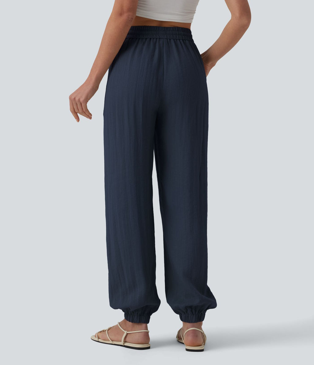 Jogging casual large ample taille haute aspect lin à cordon de serrage avec poches