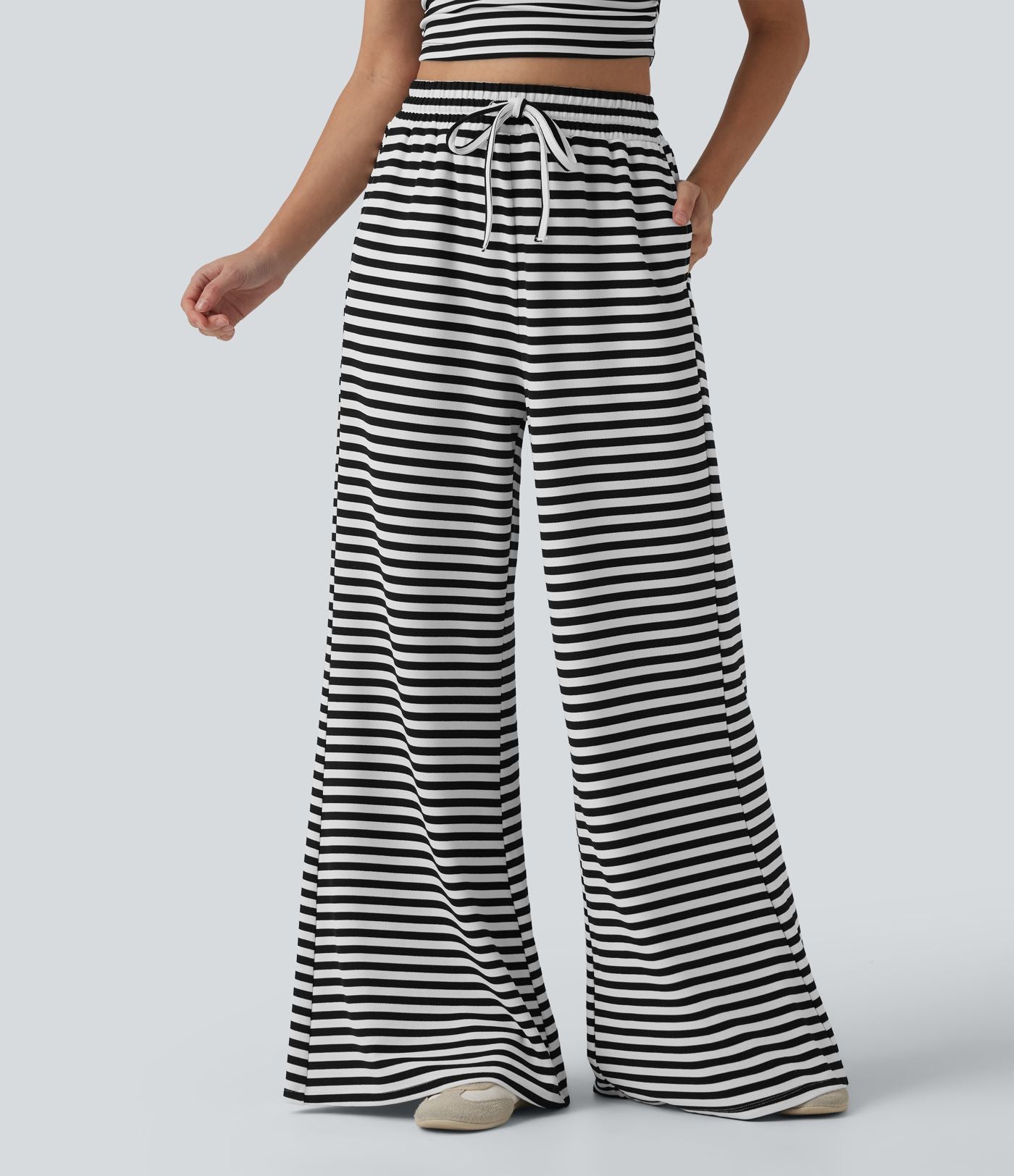 Pantalon large casual à rayures en maille gaufrée taille haute avec cordon de serrage et poches