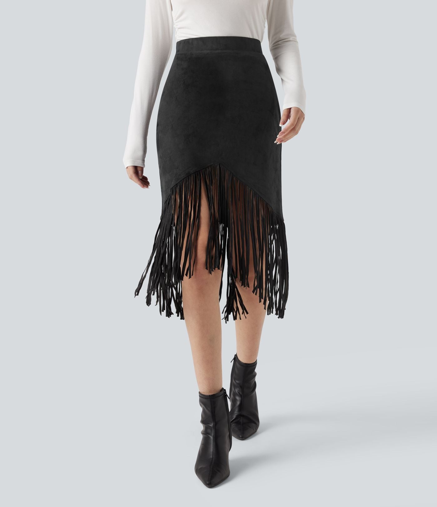 Jupe midi de soirée effet daim taille haute à franges