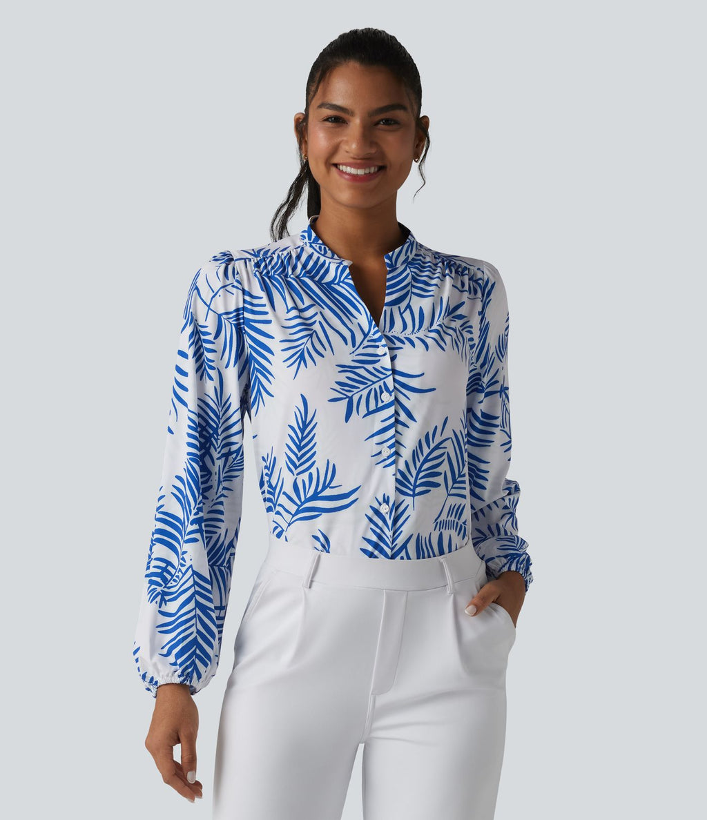 Blouse habillée col V manches longues imprimé tropical botanique