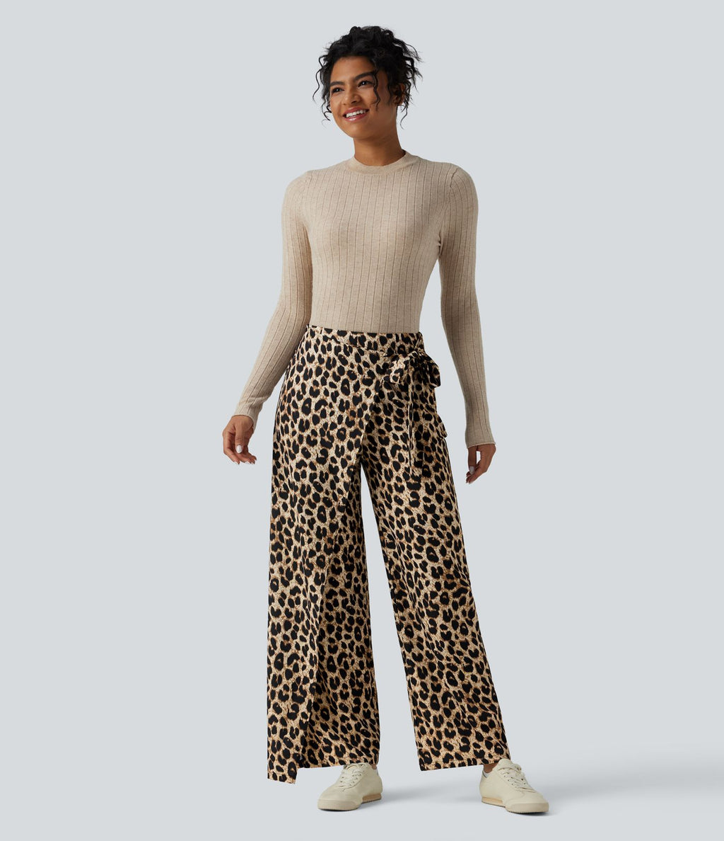 Pantalon tailleur large taille haute imprimé léopard avec liens latéraux