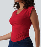 T-shirt décontracté col V manches courtes ourlet arrondi froncé