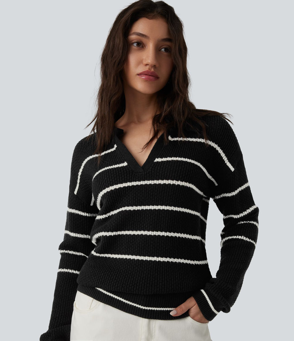 Pull casual col V manches longues à rayures