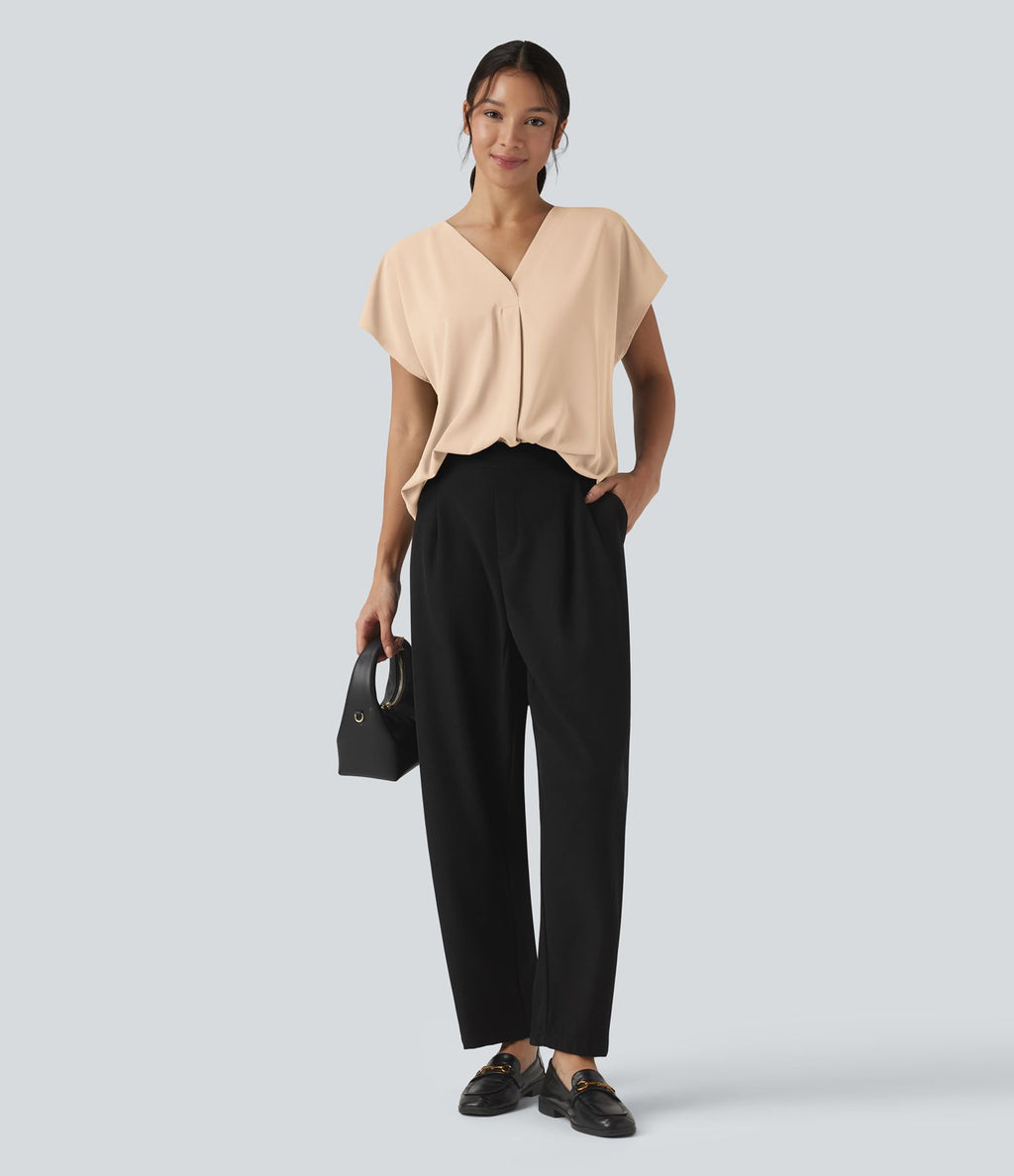 Blouse esprit bureau oversize défroissage facile, col V et manches courtes