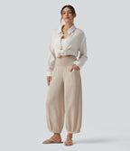 Pantalon casual bouffant aspect lin avec fronces taille haute et poches