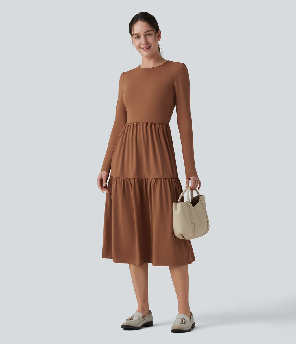 Robe tailleur mi-longue col rond manches longues ourlet à volants étagés
