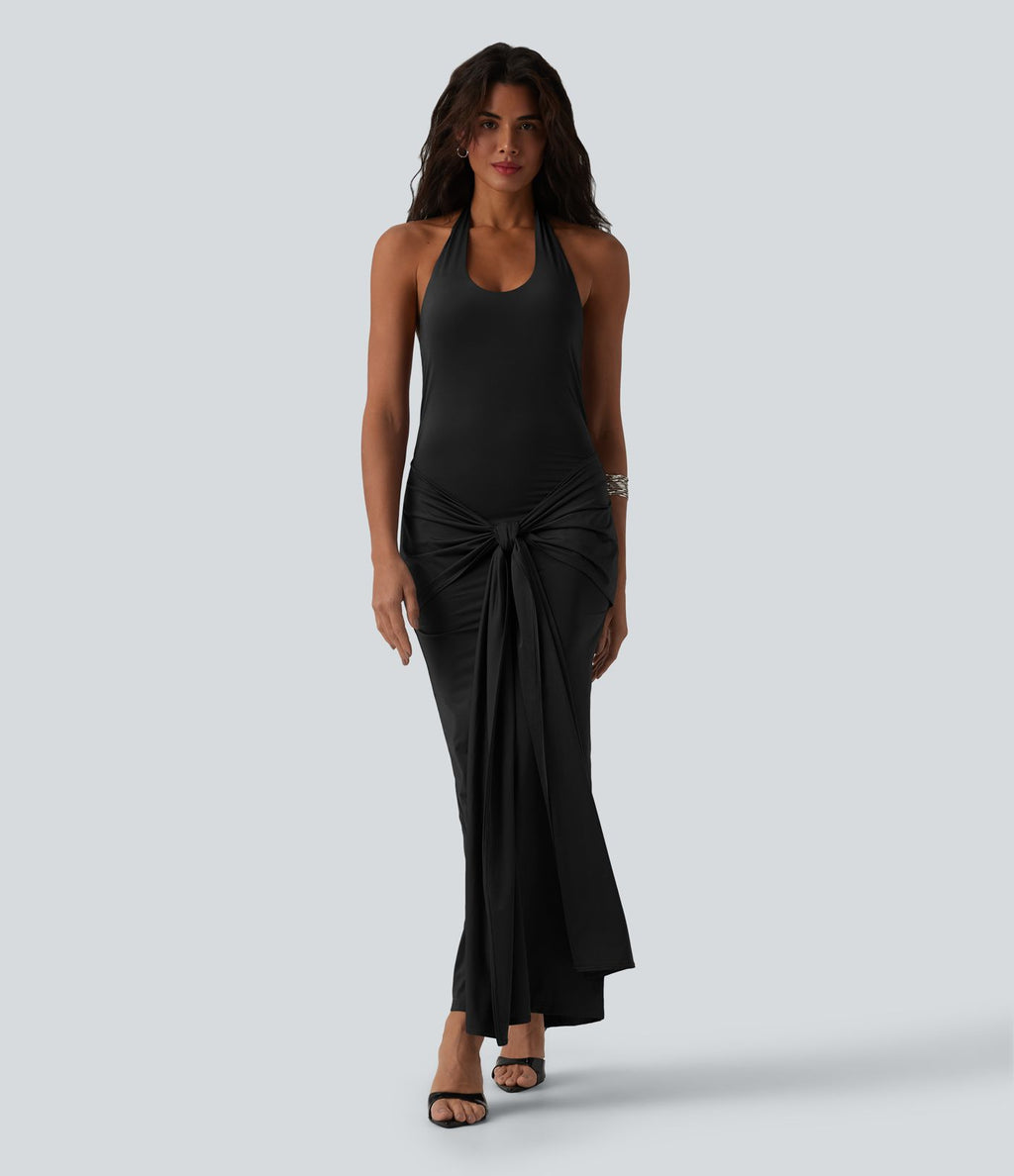 Robe maxi moulante col licou froncée effet frais InstantCool à nouer devant