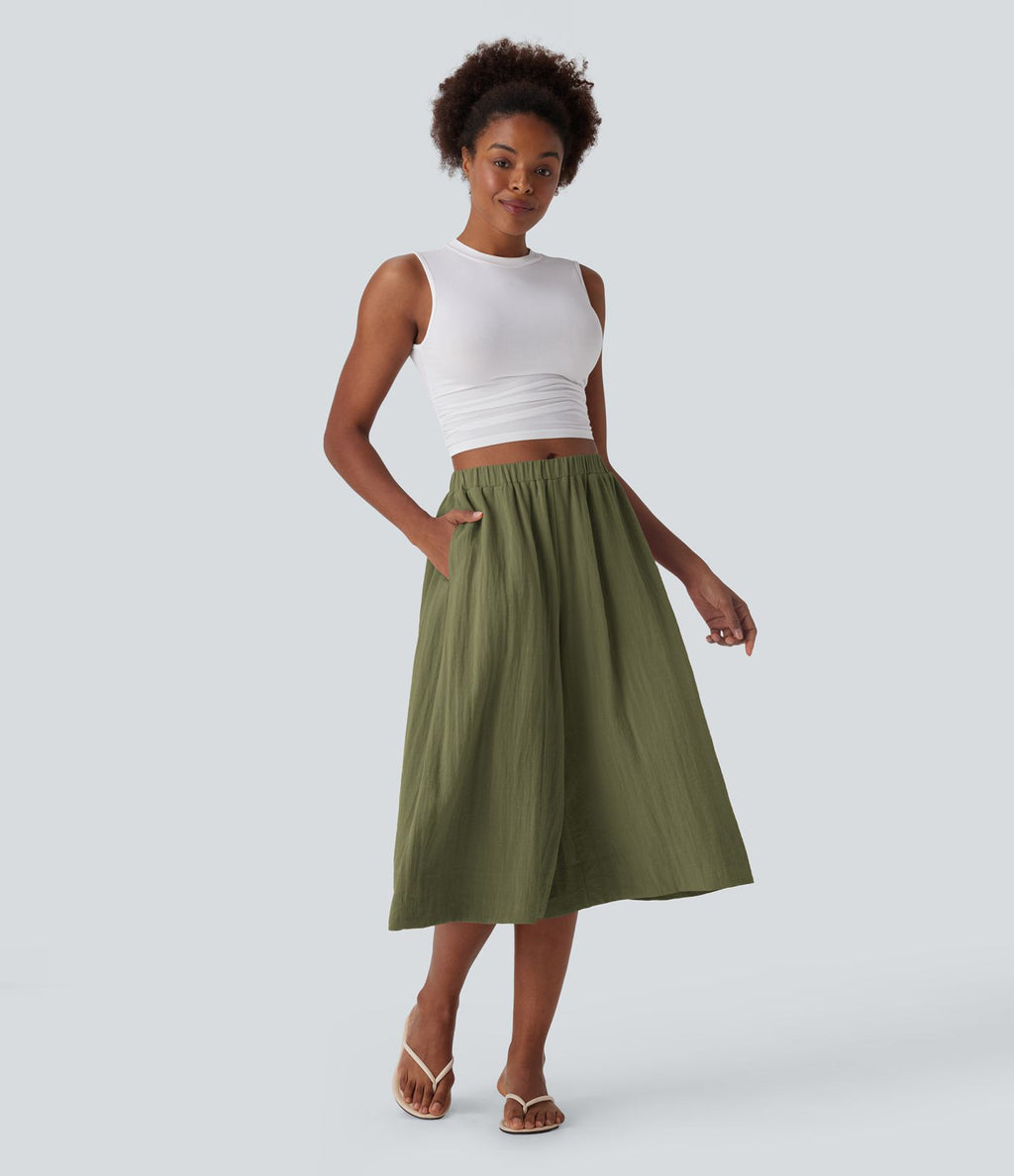 Pantalon fluide large taille mi-haute effet lin avec poche
