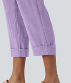 Pantalon capri effet lin taille haute avec poches zippées
