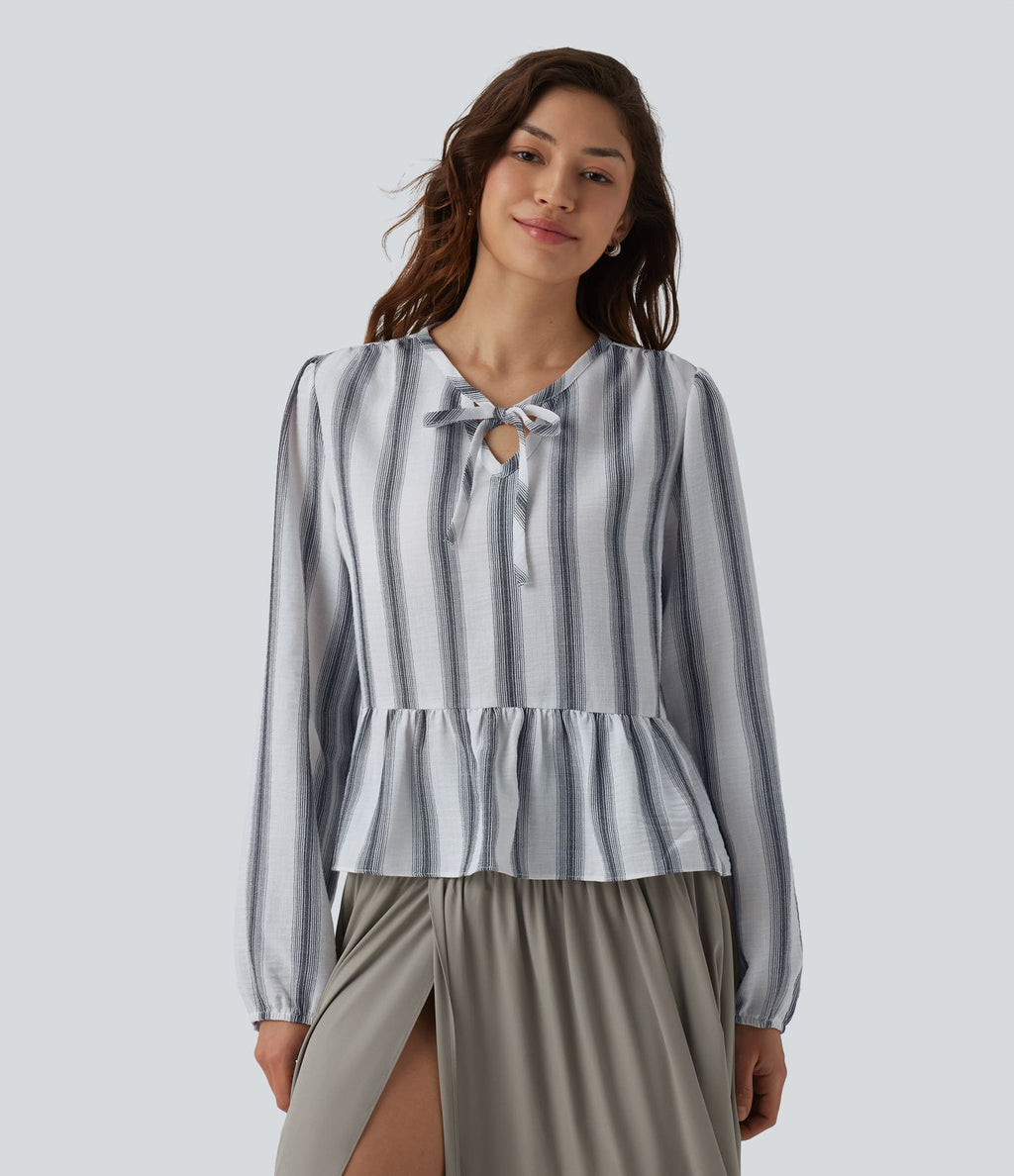 Blouse aspect lin à rayures manches longues ourlet à volants à nouer devant