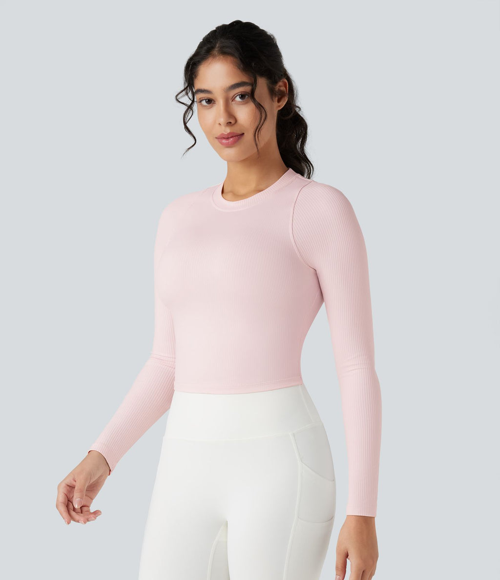 Top de sport yoga ajusté côtelé maille col rond manches longues