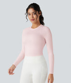 Top de sport yoga ajusté côtelé maille col rond manches longues