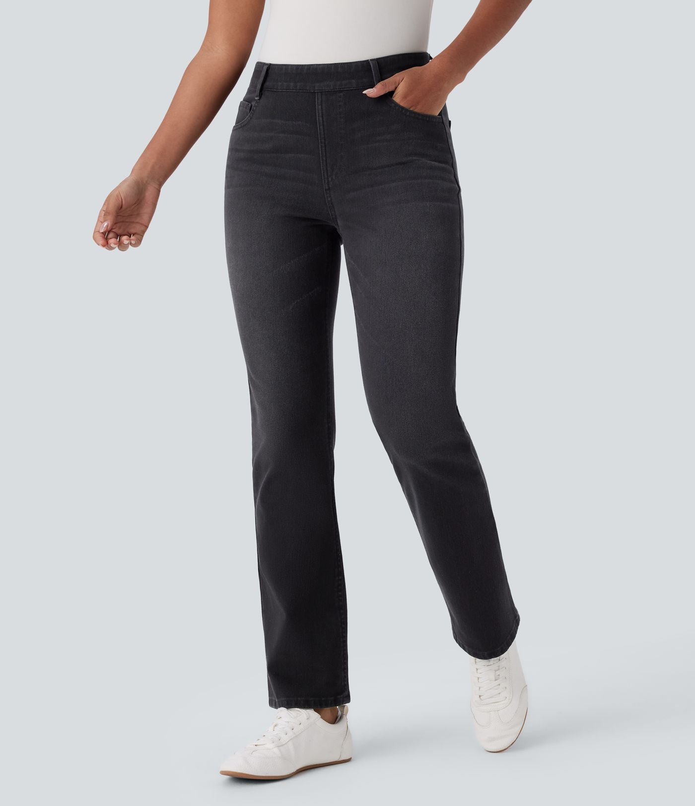 Halara Flex™ Jeans bootcut Casual Taille Haute Multiples Poches Lavés Élastiques et Tricotés Coupe