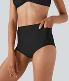Bas de bikini brillant taille haute gainant avec poches