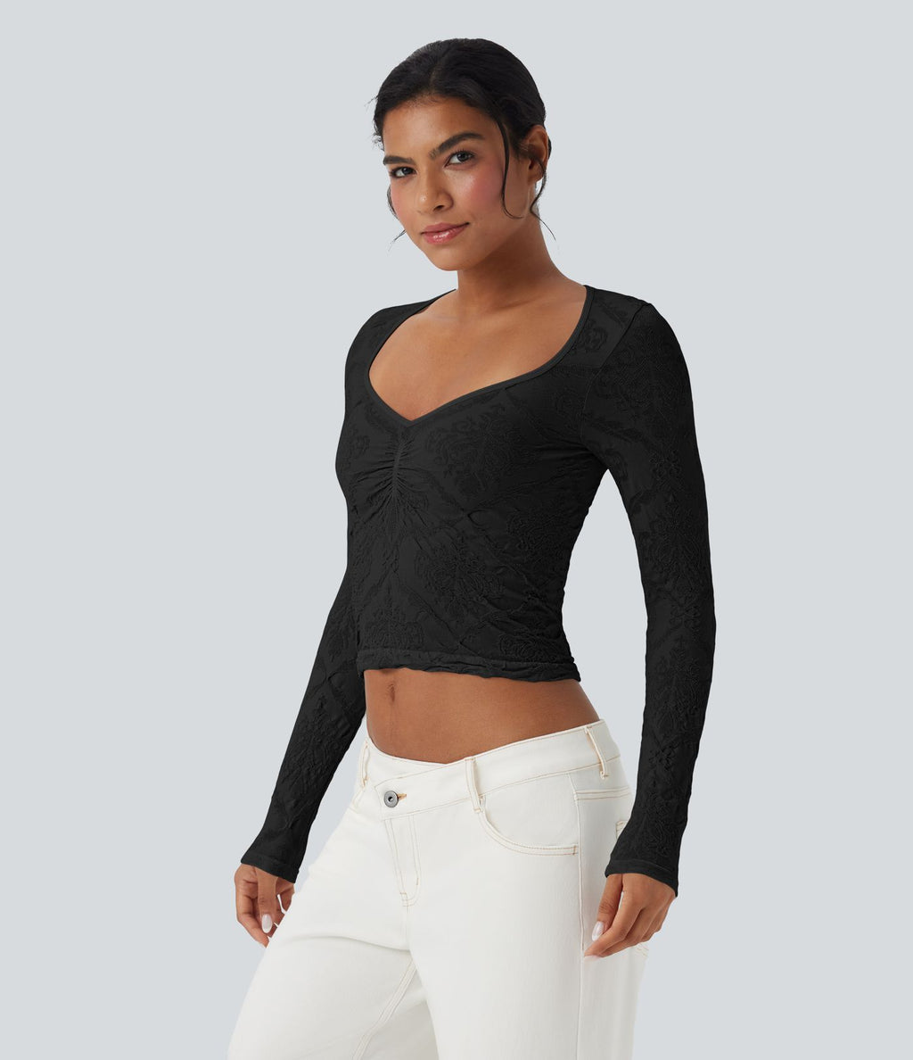 Haut de sport décolleté cœur jacquard à manches longues sans couture OneForm Seamless Flow