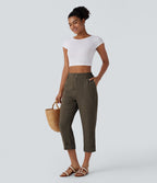 Pantalon capri effet lin taille haute avec poches zippées