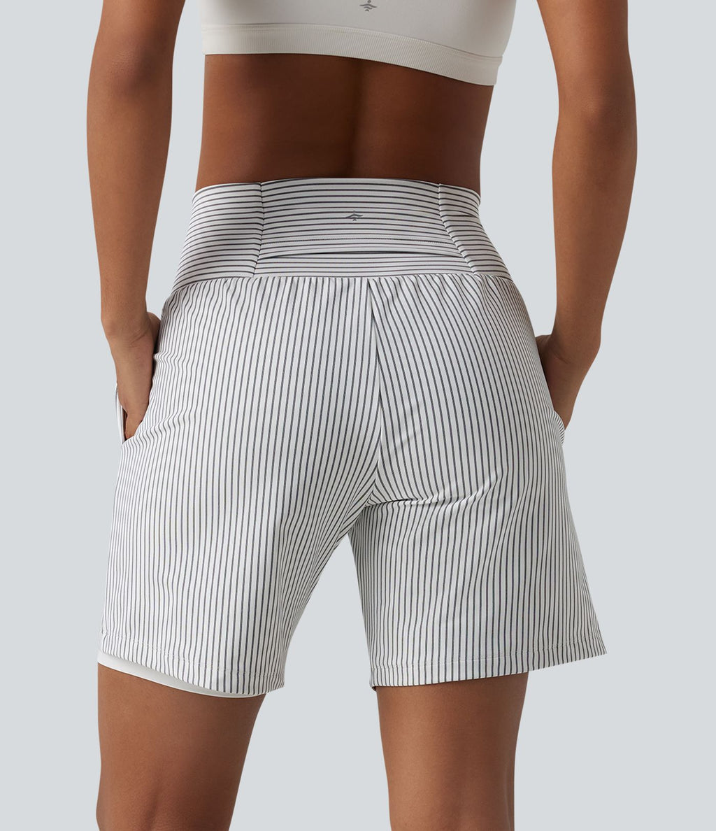Short yoga 2-en-1 à rayures taille super haute 17,5 cm avec poches