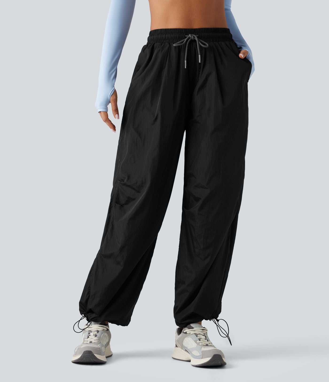 Pantalon cargo ample de randonnée taille haute avec cordon de serrage, fronces et poches