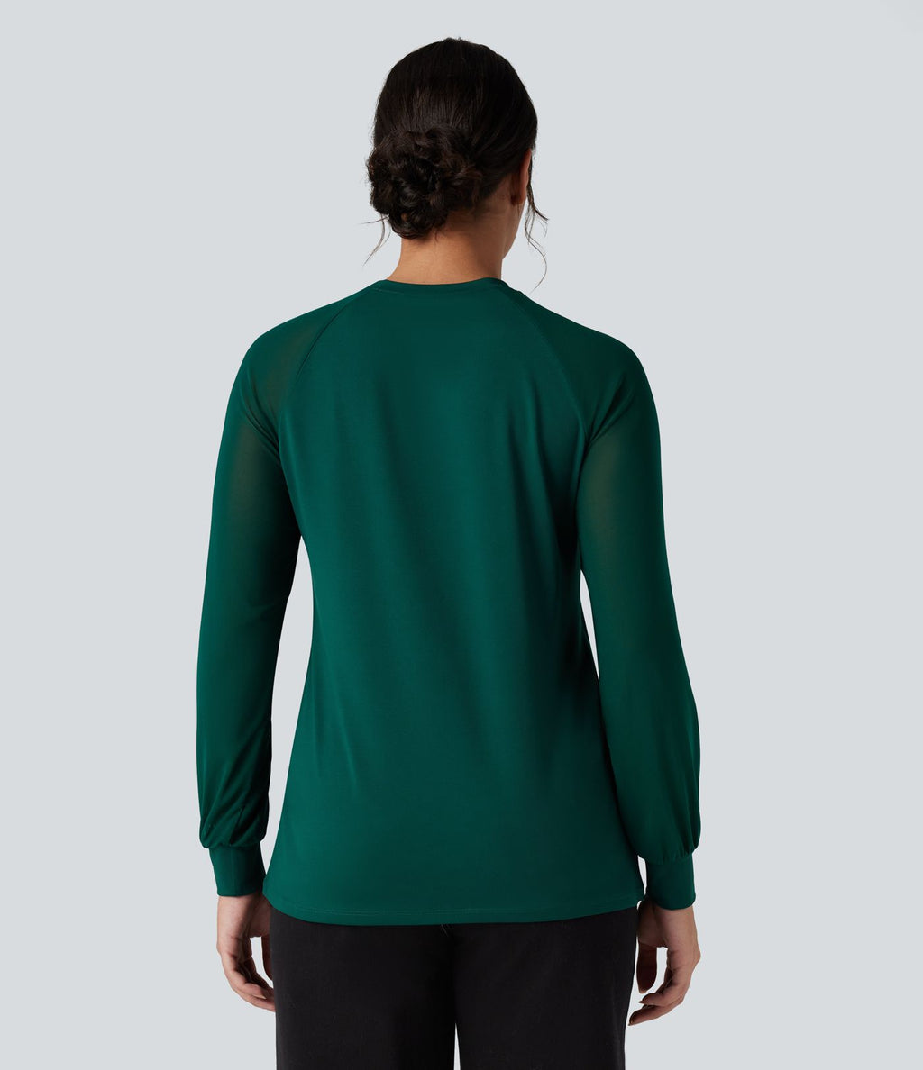 Blouse mesh contrastant col rond manches raglan longues
