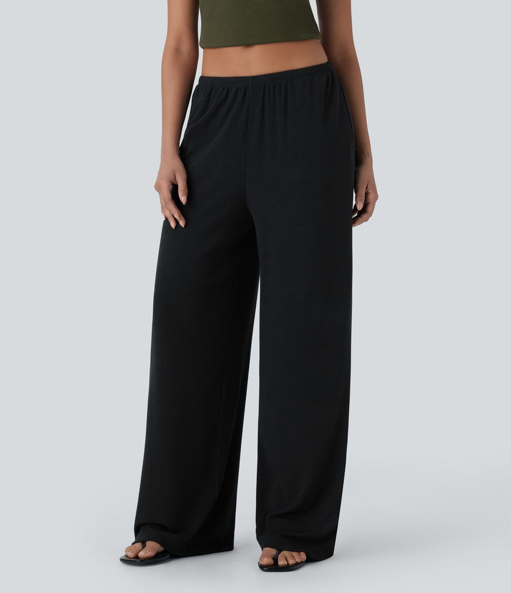 Pantalon fluide ample à taille basse avec cordon de serrage, côtes extensibles, doux pour la peau et poches latérales