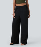 Pantalon fluide ample à taille basse avec cordon de serrage, côtes extensibles, doux pour la peau et poches latérales