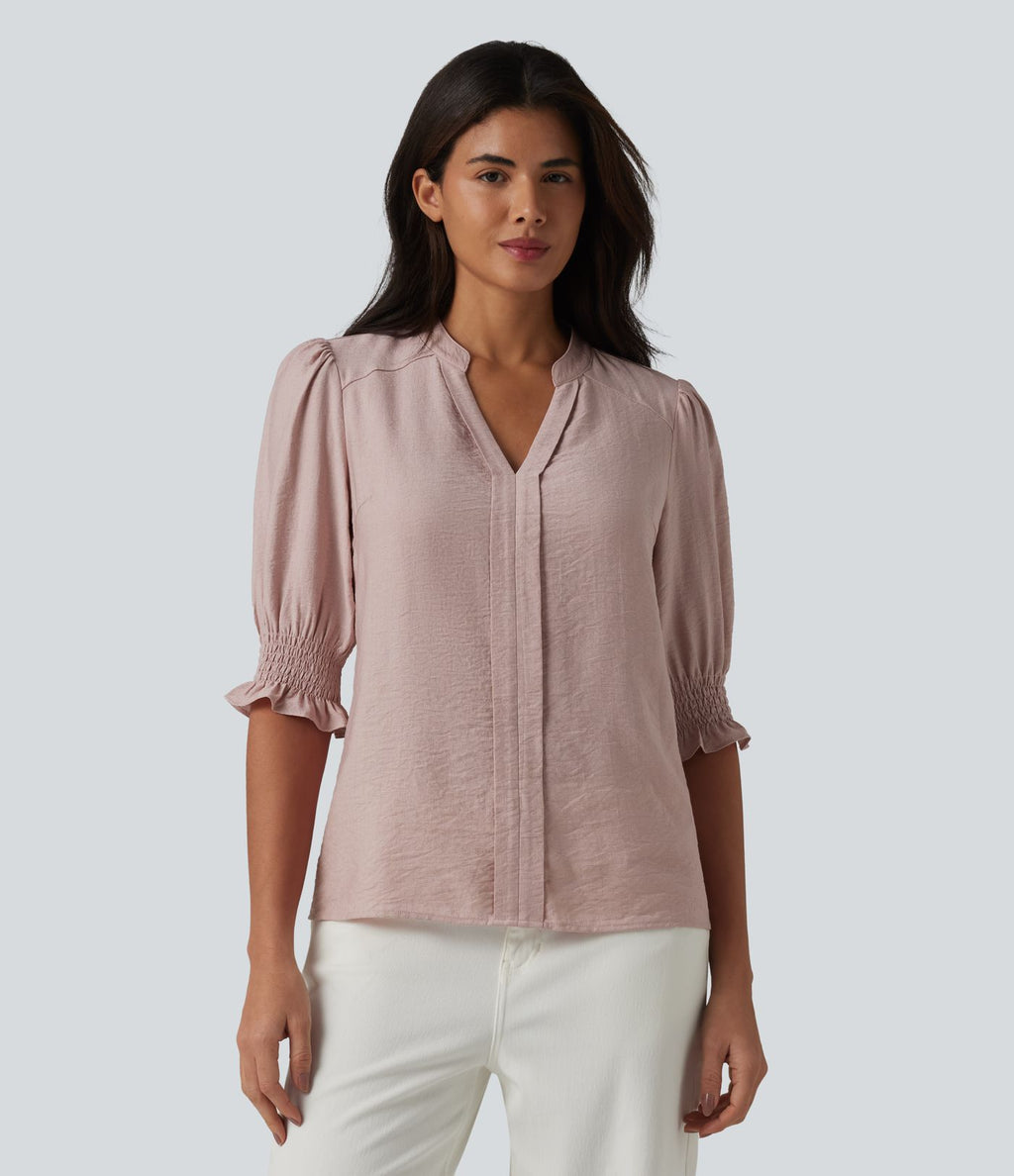 Blouse décontractée à col en V et manches courtes bouffantes