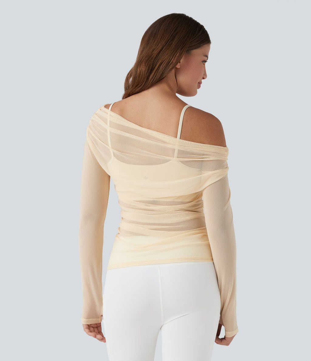Top sport yoga 2-en-1 asymétrique une épaule manches longues mesh à fronces et trous pour les pouces