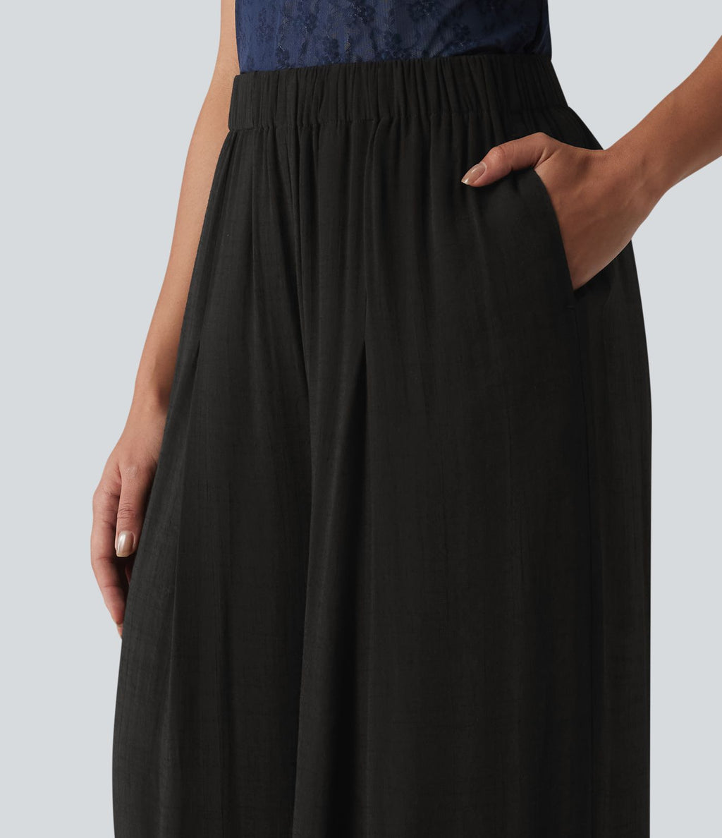 Pantalon large fluide décontracté taille haute aspect lin avec poches