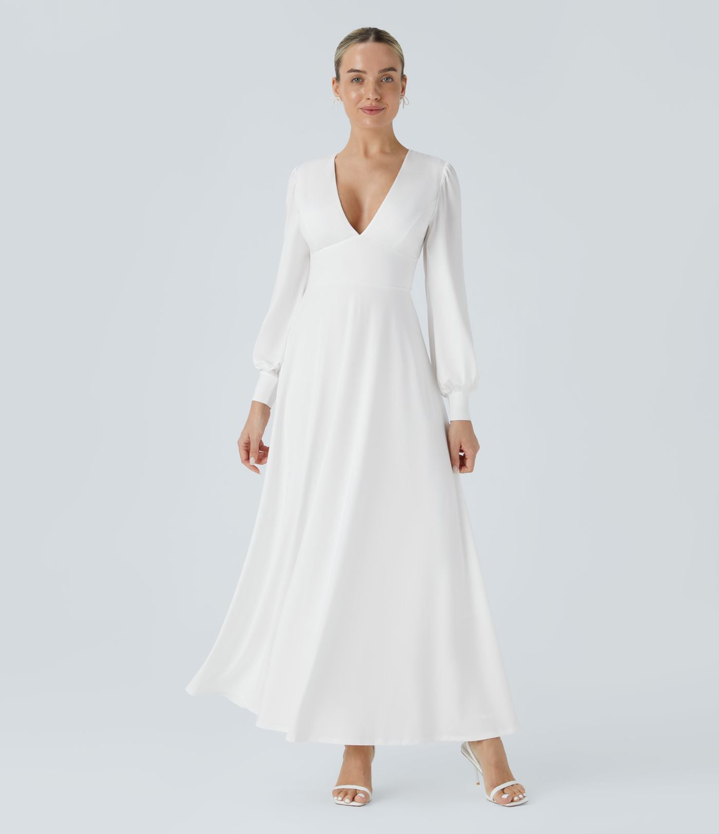 Robe longue de demoiselle d'honneur et invitée de mariage, col V, dos nu, liens à nouer, boutons et manches évasées