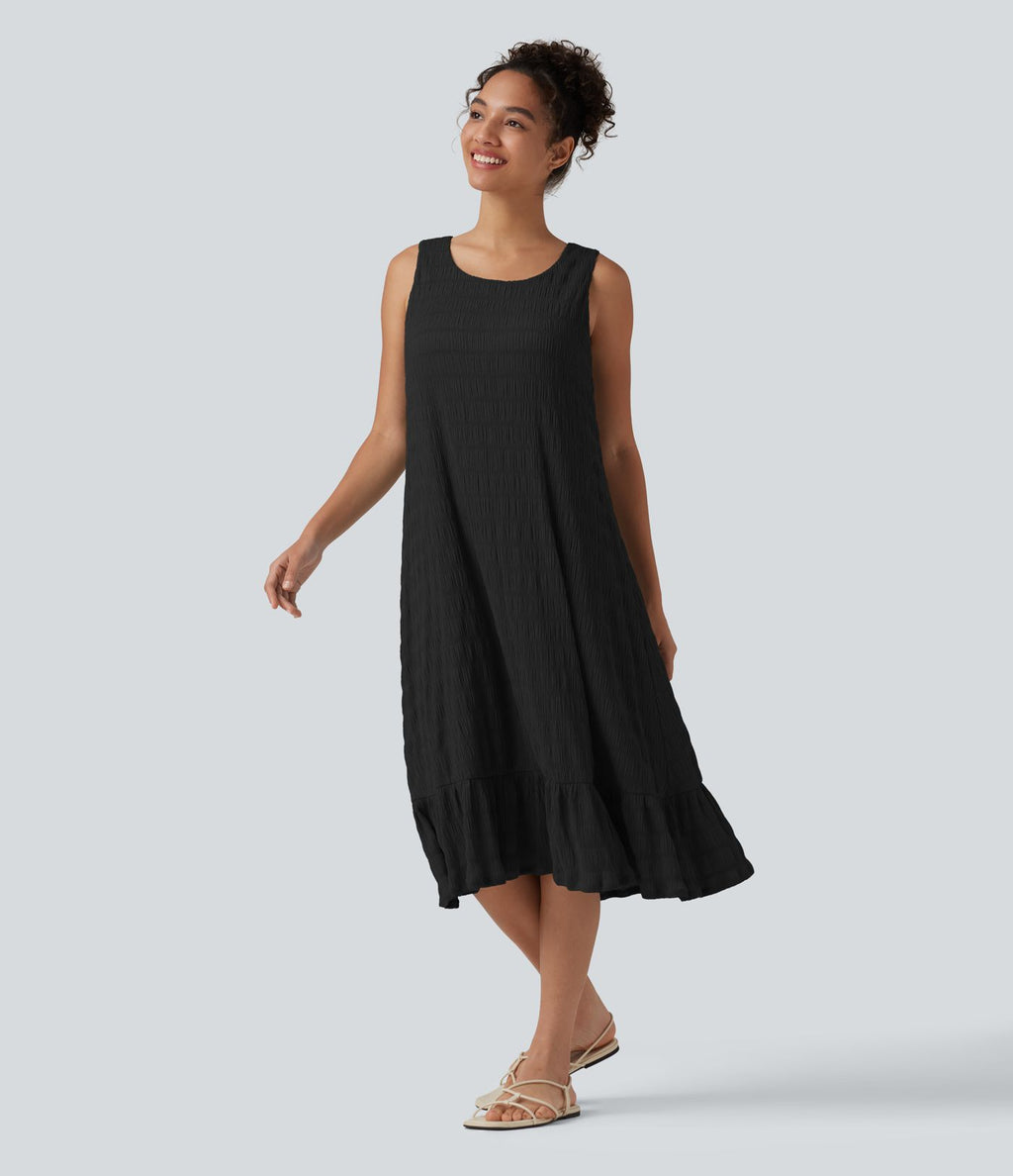 Robe midi sans manches à encolure arrondie avec coussinets amovibles et ourlet à volants