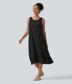 Robe midi sans manches à encolure arrondie avec coussinets amovibles et ourlet à volants